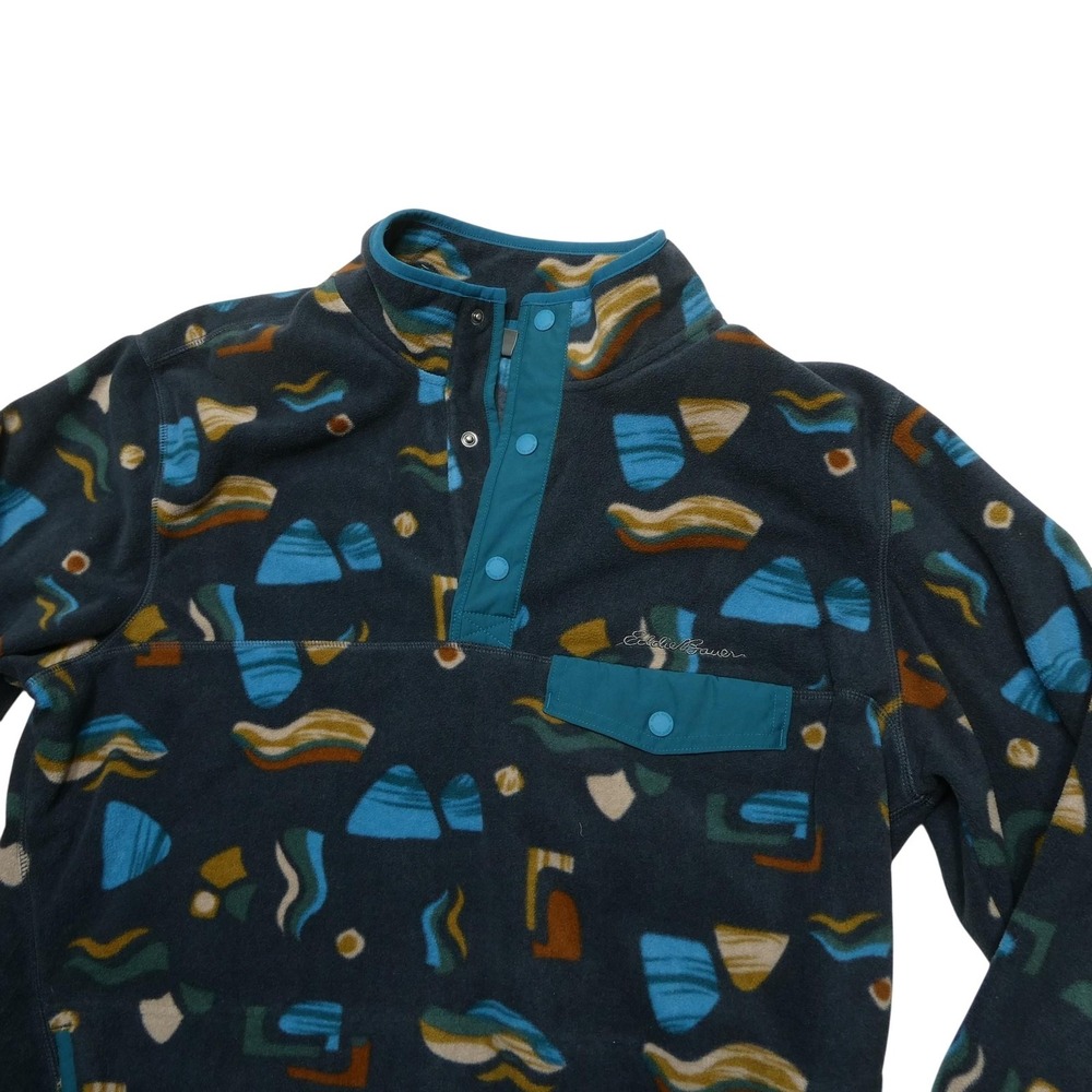 Eddie‎ Bauer Sweatshirt Mens Large Gray Snap Mock Neck Fleece Pullover Geometric